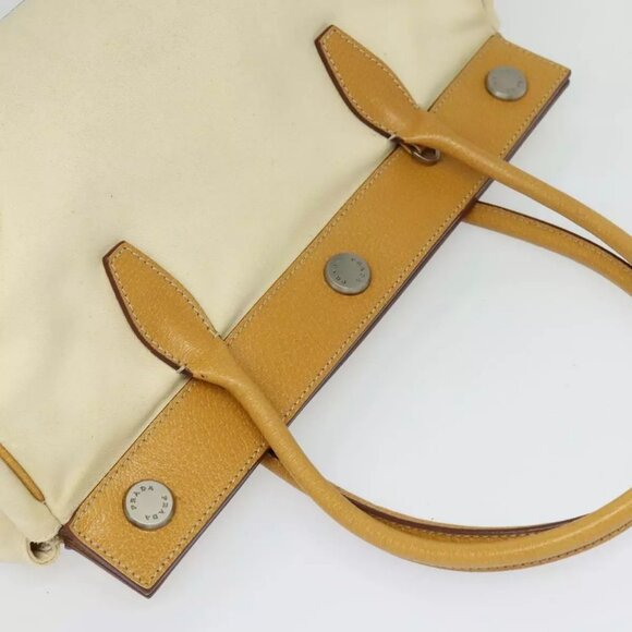 PRADA 2way Hand Bag Canvas Leather Beige Silver Auth - Picture 9 of 16